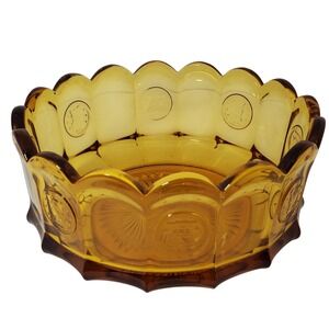 Fostoria Amber Glass Coin Wedding Bowl  Liberty Bell Scalloped Candy Dish 7.5"